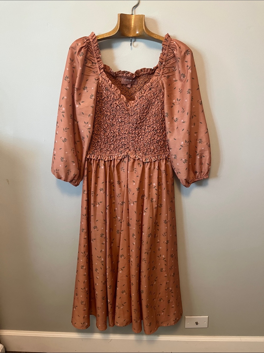 JessaKae Dusty Rose Smocked Midi Dress with Puff Sleeves